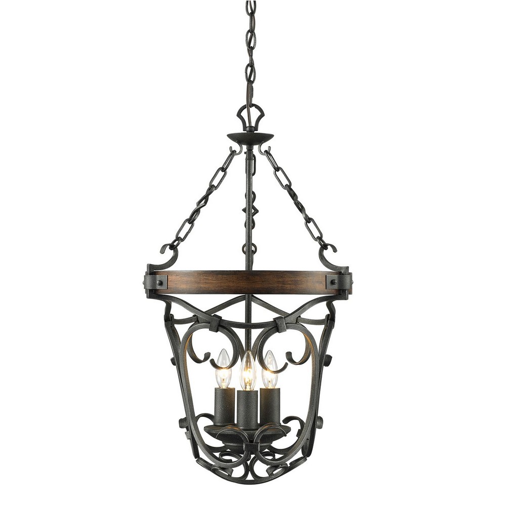 Golden Lighting-1821-3P BI-Madera - 3 Light Pendant in Sturdy style - 29 Inches high by 16.5 Inches wide   Black Iron Finish with Wood Accents